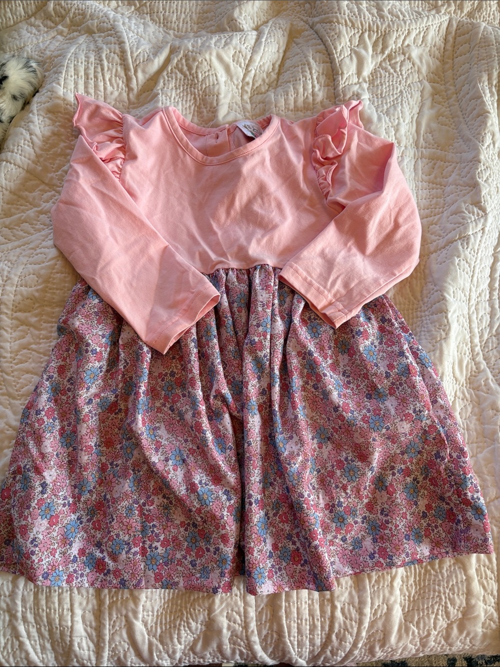 Girls Pink Floral Long-Sleeve Ruffle Dress